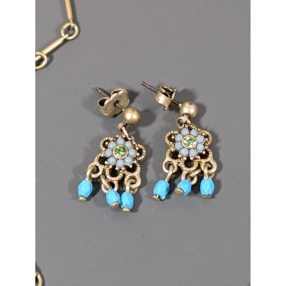 Avon Blue FLower Gold Tone Matte Fringe Charm Boho Western Necklace Earring Set - Picture 3 of 7